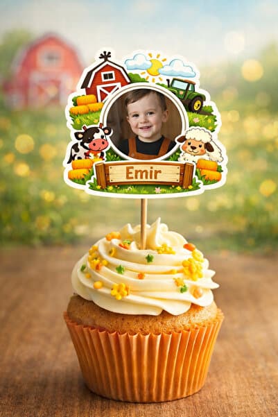 Kişiye Özel Çiftlik Temalı 6 Adet Cupcake Süsü 8 cm | İsimli Fotoğraflı Doğum Günü Süsü