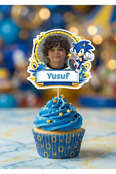 Kişiye Özel Hızlı Mavi Kirpi Temalı 6 Adet Cupcake Süsü 8 cm | İsimli Fotoğraflı Doğum Günü