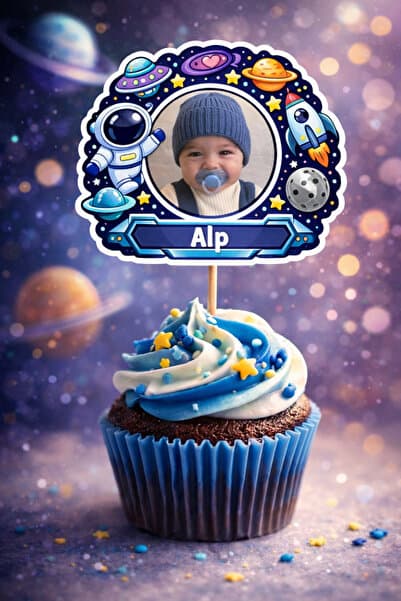 Kişiye Özel Uzay Temalı 6 Adet Cupcake Süsü 8 cm | İsimli Fotoğraflı Doğum Günü Süsü