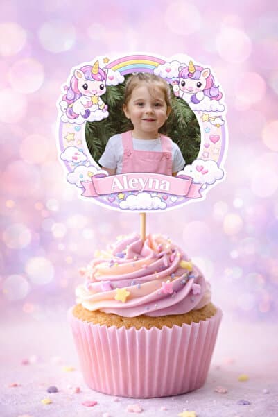 Kişiye Özel Unicorn Temalı 6 Adet Cupcake Süsü 8 cm | İsimli Fotoğraflı Doğum Günü Süsü