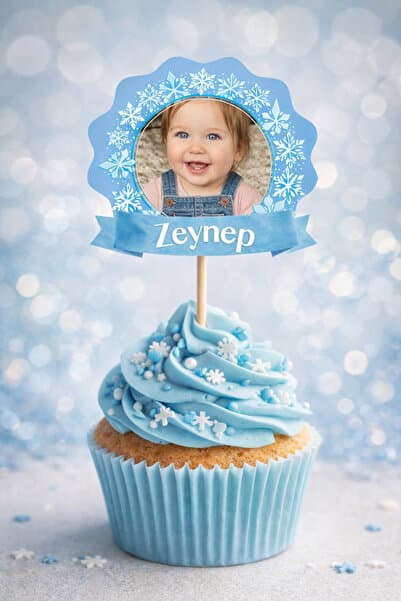 Kişiye Özel Kar Prensesi Temalı 6 Adet Cupcake Süsü 8 cm | İsimli Fotoğraflı Doğum Günü