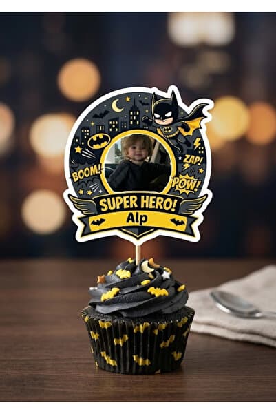 Kişiye Özel Yarasa Kahraman Temalı 6 Adet Cupcake Süsü 8 cm | İsimli Fotoğraflı Doğum Günü