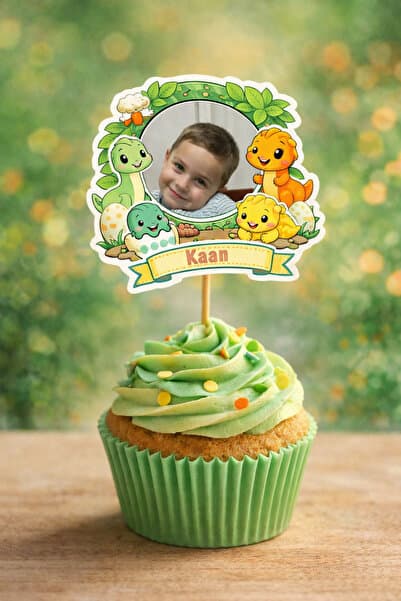 Kişiye Özel Dinozor Temalı 6 Adet Cupcake Süsü 8 cm | İsimli Fotoğraflı Doğum Günü Süsü