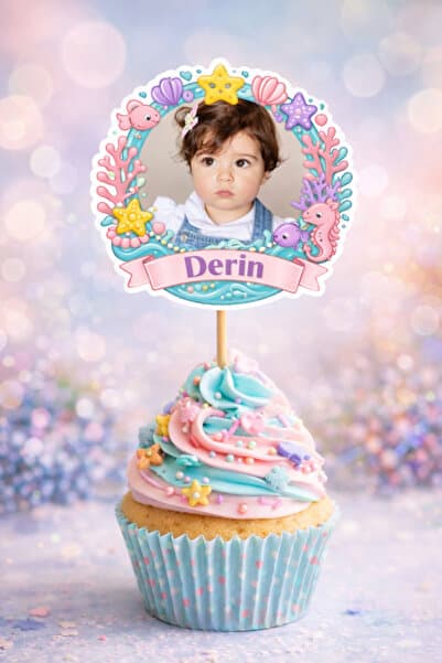Kişiye Özel Deniz Temalı 6 Adet Cupcake Süsü 8 cm | İsimli Fotoğraflı Doğum Günü Süsü
