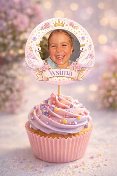 Kişiye Özel Kuğu Temalı 6 Adet Cupcake Süsü 8 cm | İsimli Fotoğraflı Doğum Günü Süsü