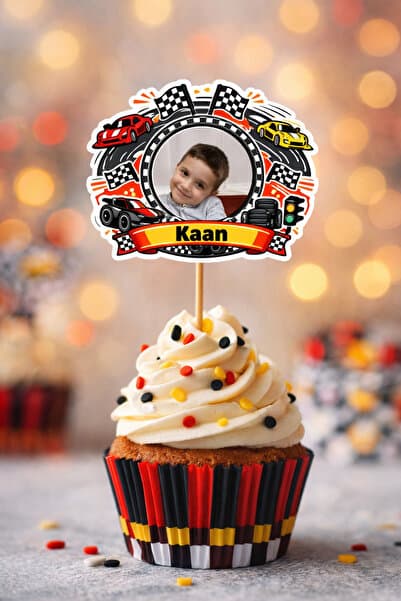 Kişiye Özel Yarış Arabası Temalı 6 Adet Cupcake Süsü 8 cm | İsimli Fotoğraflı Doğum Günü