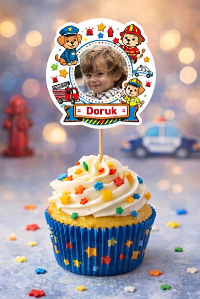 Kişiye Özel Polis İtfaiye Temalı 6 Adet Cupcake Süsü 8 cm | İsimli Fotoğraflı Doğum Günü