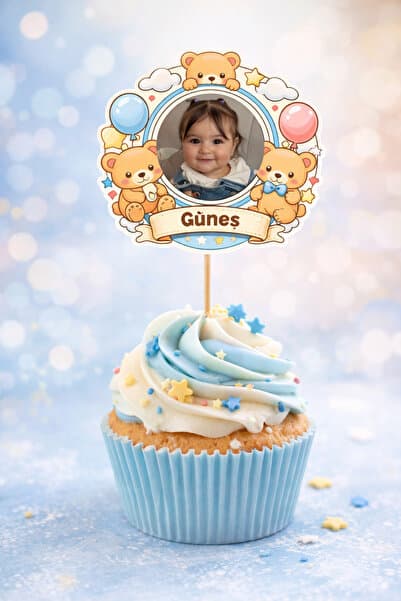Kişiye Özel Ayıcık Temalı 6 Adet Cupcake Süsü 8 cm | İsimli Fotoğraflı Doğum Günü Süsü