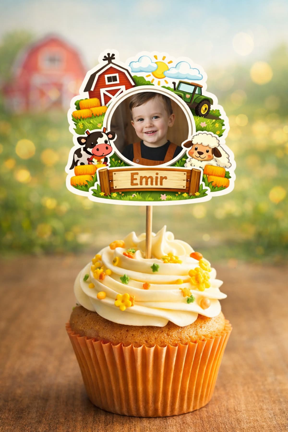 Kişiye Özel Çiftlik Temalı 6 Adet Cupcake Süsü 8 cm | İsimli Fotoğraflı Doğum Günü Süsü