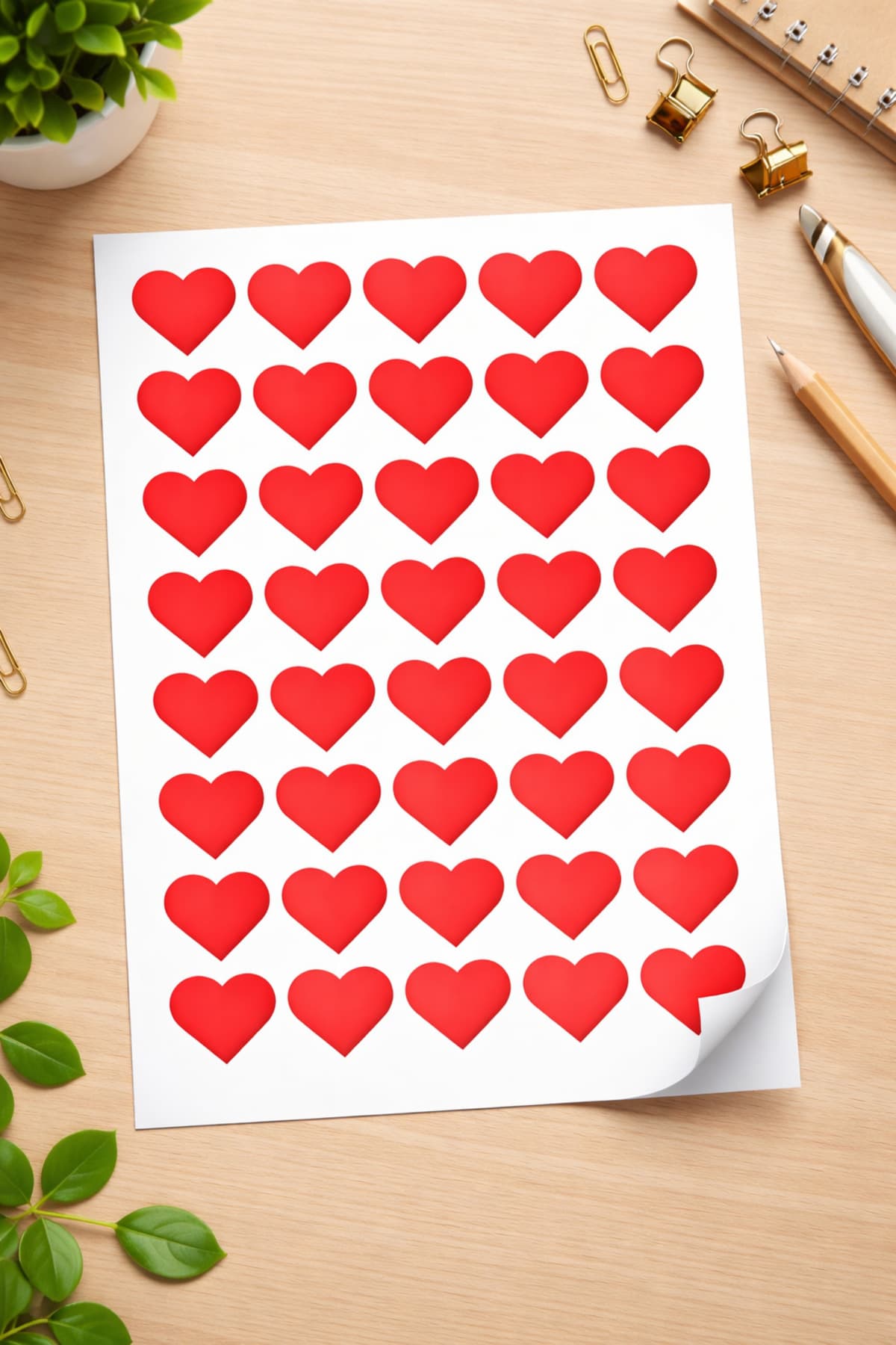 3 cm Kırmızı Kalp Sticker 40 Adet A4 Mat Beyaz Etiket Paketleme Süsü